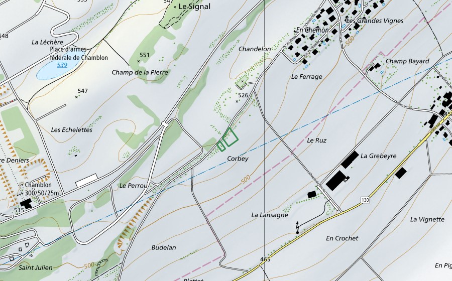 Landeskarte swisstopo mit dem Schutzperimeter von Corbey (Naturschutzgebiet)