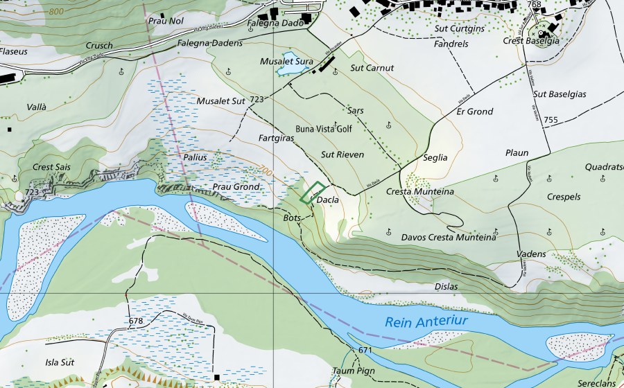 Landeskarte swisstopo mit dem Schutzperimeter von Dacla (Naturschutzgebiet)