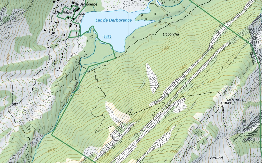 Carte nationale swisstopo avec le périmètre protégé de Derborence (Réserve naturelle)
