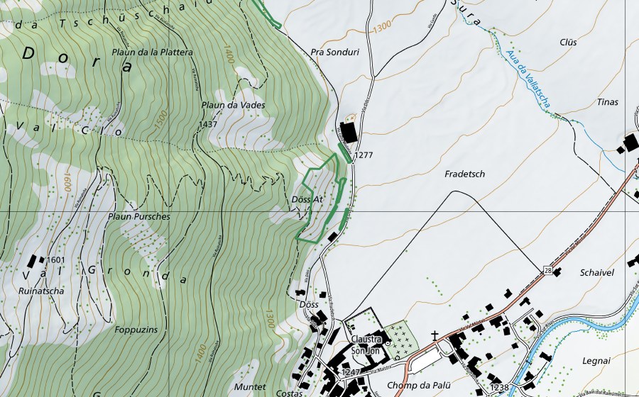swisstopo national map showing the protected perimeter of Döss At (Nature reserve)