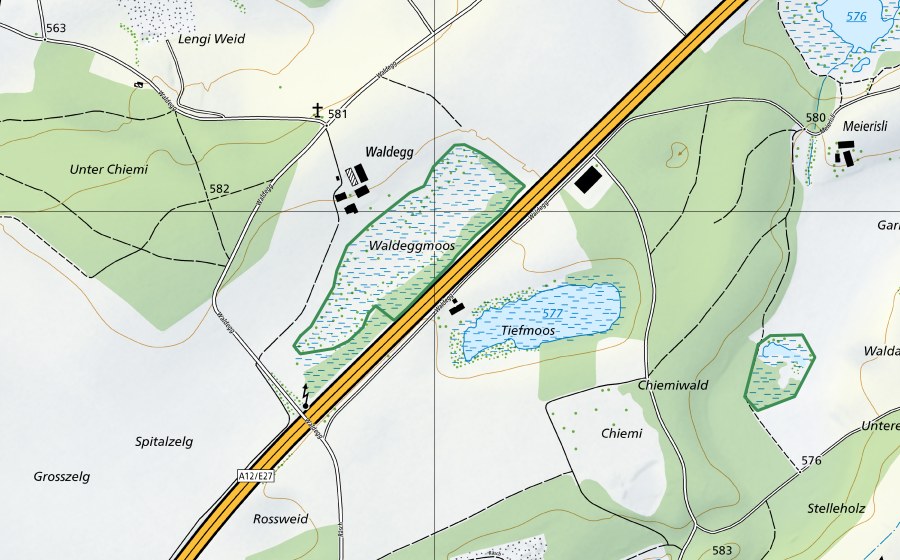 Landeskarte swisstopo mit dem Schutzperimeter von Düdinger Möser (Naturschutzgebiet)