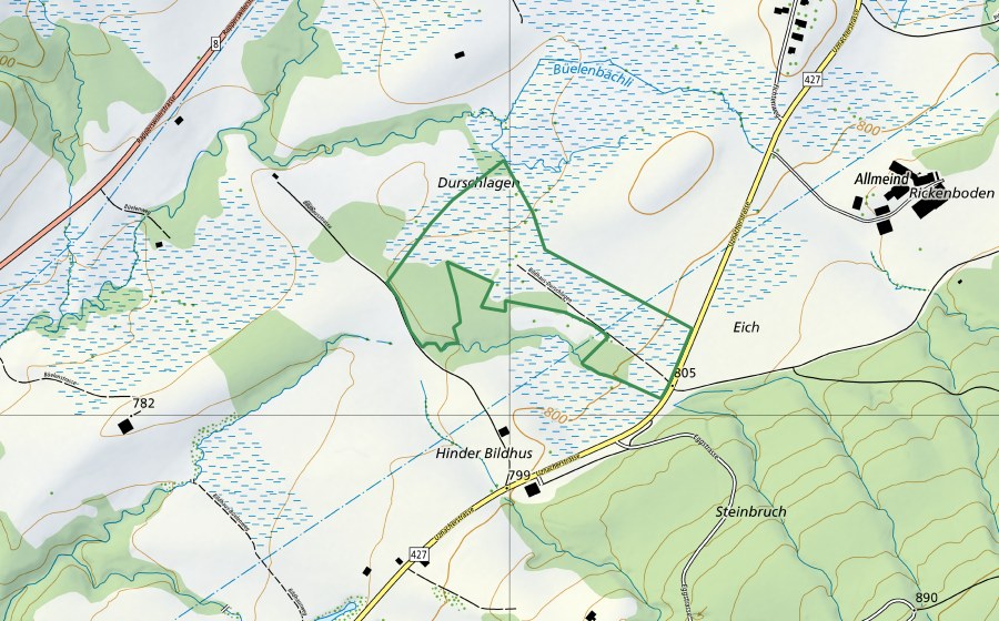 Carte nationale swisstopo avec le périmètre protégé de Durchschlagen (Réserve naturelle)