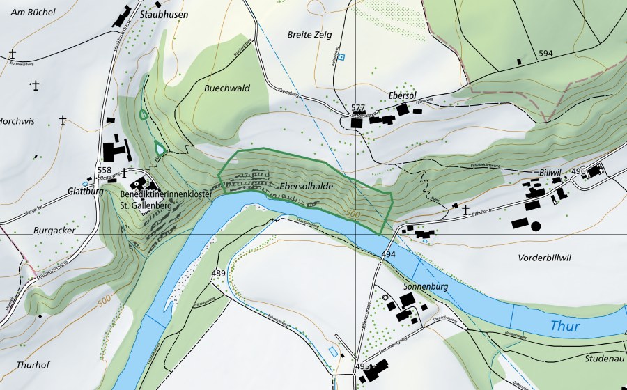 Carte nationale swisstopo avec le périmètre protégé de Ebersolhalde (Réserve naturelle)