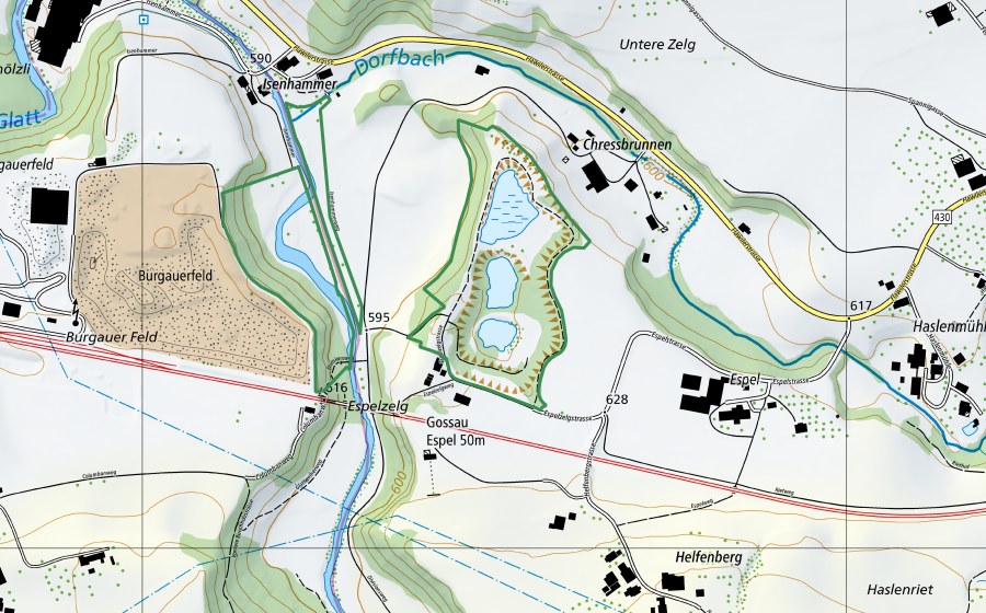 swisstopo national map showing the protected perimeter of Ehem. Kiesgrube Espel, Gossau (Nature reserve)