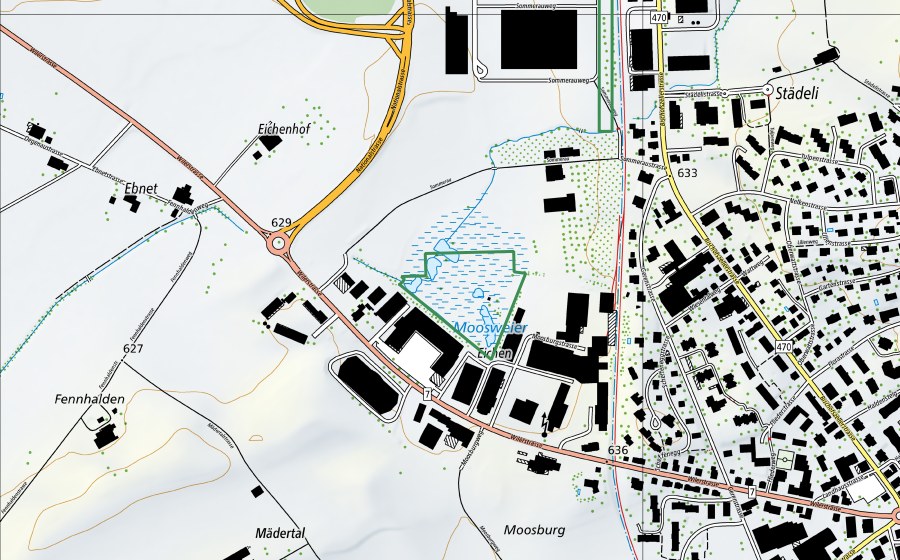 Landeskarte swisstopo mit dem Schutzperimeter von Eichenmoos (Naturschutzgebiet)