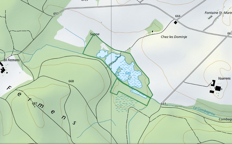 Carte nationale swisstopo avec le périmètre protégé de En Vuarrens (Réserve naturelle)