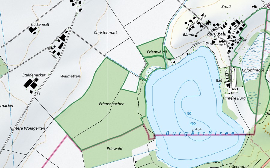 Carte nationale swisstopo avec le périmètre protégé de Erlenschachen (Réserve naturelle)