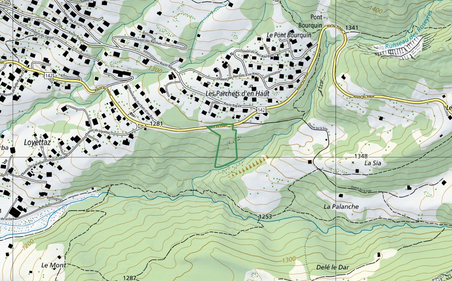 Landeskarte swisstopo mit dem Schutzperimeter von Es Parchets (Naturschutzgebiet)