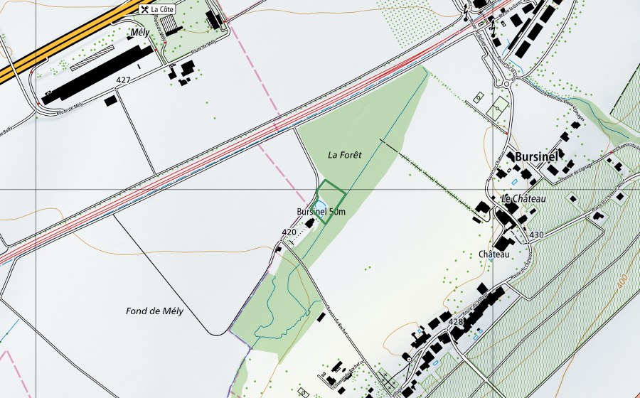 Landeskarte swisstopo mit dem Schutzperimeter von Etang de Mély (Naturschutzgebiet)
