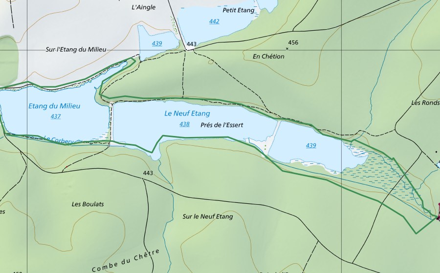 Carte nationale swisstopo avec le périmètre protégé de Etangs de Bonfol (Réserve naturelle)