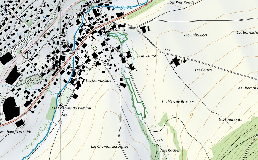 Landeskarte swisstopo mit dem Schutzperimeter von Etangs Villeret (Naturschutzgebiet)