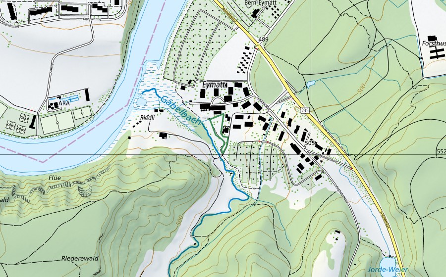 Carte nationale swisstopo avec le périmètre protégé de Eymatt Gäbelbach (Réserve naturelle)