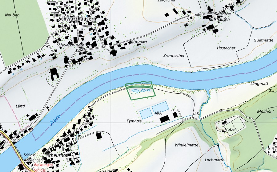 swisstopo national map showing the protected perimeter of Eymatte/Höchbachweiher (Nature reserve)