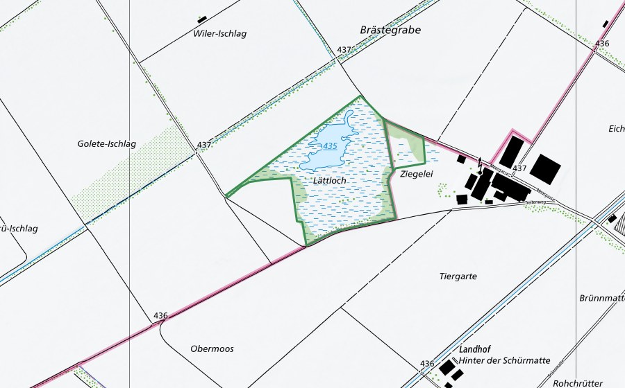 swisstopo national map showing the protected perimeter of Fräschels-Weiher (Nature reserve)