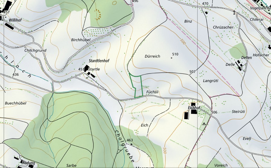 Carte nationale swisstopo avec le périmètre protégé de Füchsli (Réserve naturelle)