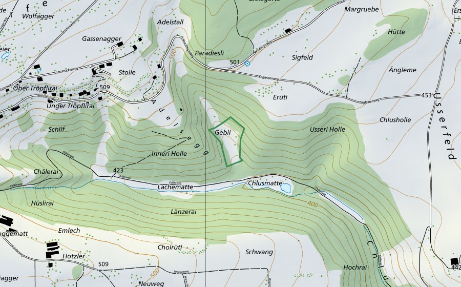 swisstopo national map showing the protected perimeter of Geebli (Nature reserve)