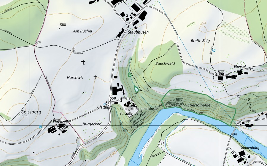 Landeskarte swisstopo mit dem Schutzperimeter von Glattburg Weiher (Naturschutzgebiet)