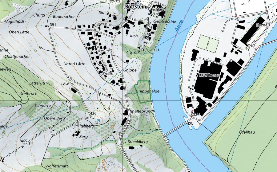 Carte nationale swisstopo avec le périmètre protégé de Gnippehalde (Réserve naturelle)