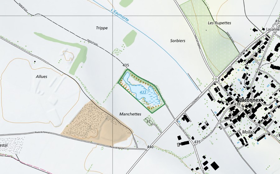 Carte nationale swisstopo avec le périmètre protégé de Gravière de Laconnex (Réserve naturelle)