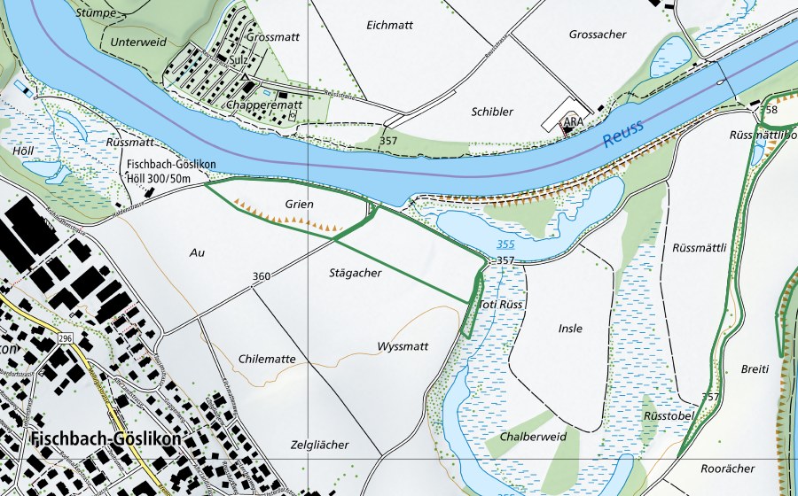 Landeskarte swisstopo mit dem Schutzperimeter von Grien (Naturschutzgebiet)