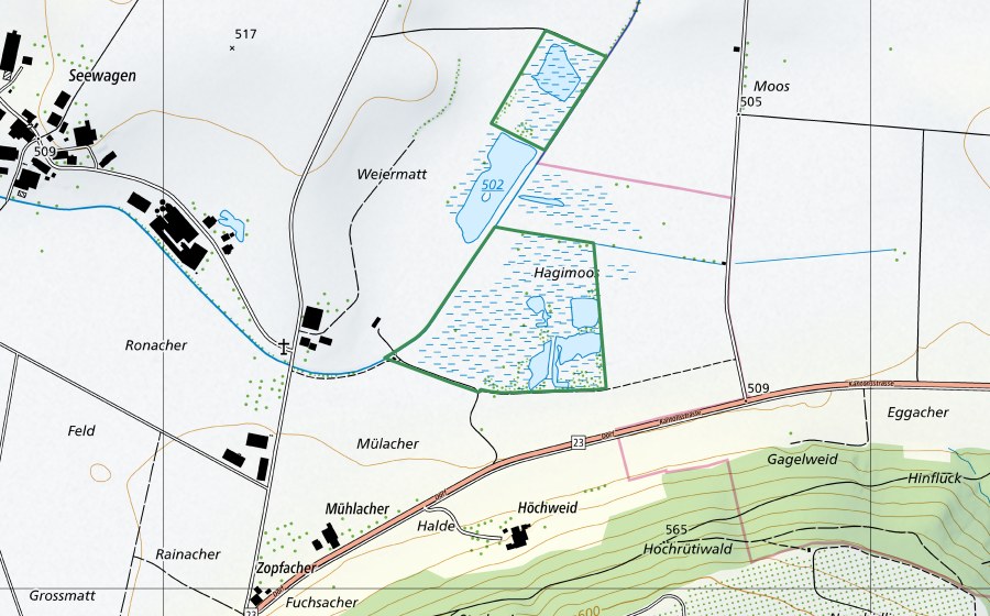 Carte nationale swisstopo avec le périmètre protégé de Hagimoos (Réserve naturelle)