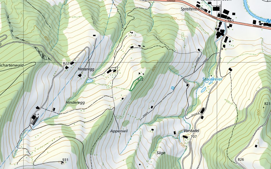 Carte nationale swisstopo avec le périmètre protégé de Hinteregg (Réserve naturelle)