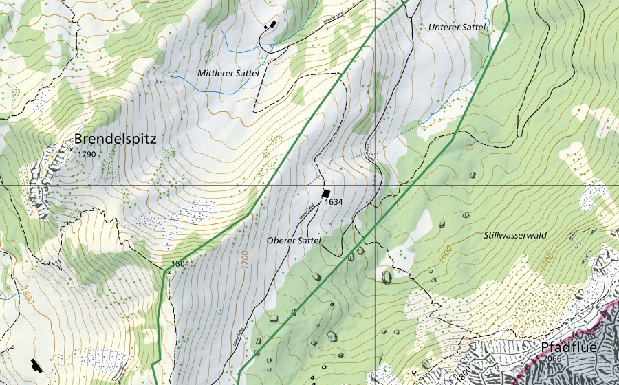 Landeskarte swisstopo mit dem Schutzperimeter von Hinterer Sattel (Naturschutzgebiet)