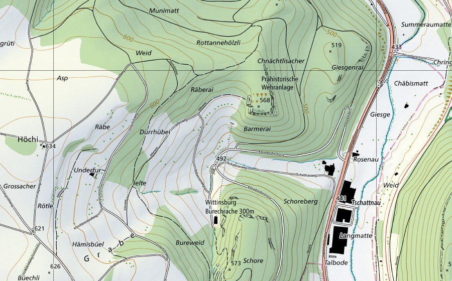 Landeskarte swisstopo mit dem Schutzperimeter von Homburgertal (Naturschutzgebiet)