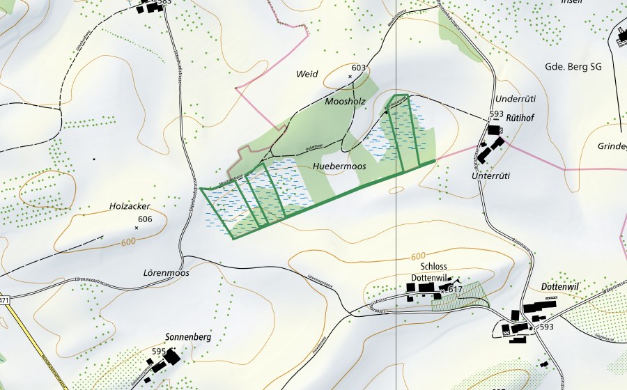 Carte nationale swisstopo avec le périmètre protégé de Huebermoos (Réserve naturelle)
