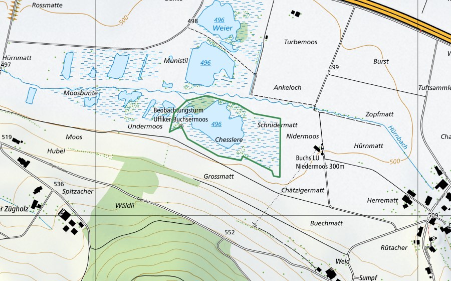 Landeskarte swisstopo mit dem Schutzperimeter von Hürnbachmoos (Naturschutzgebiet)