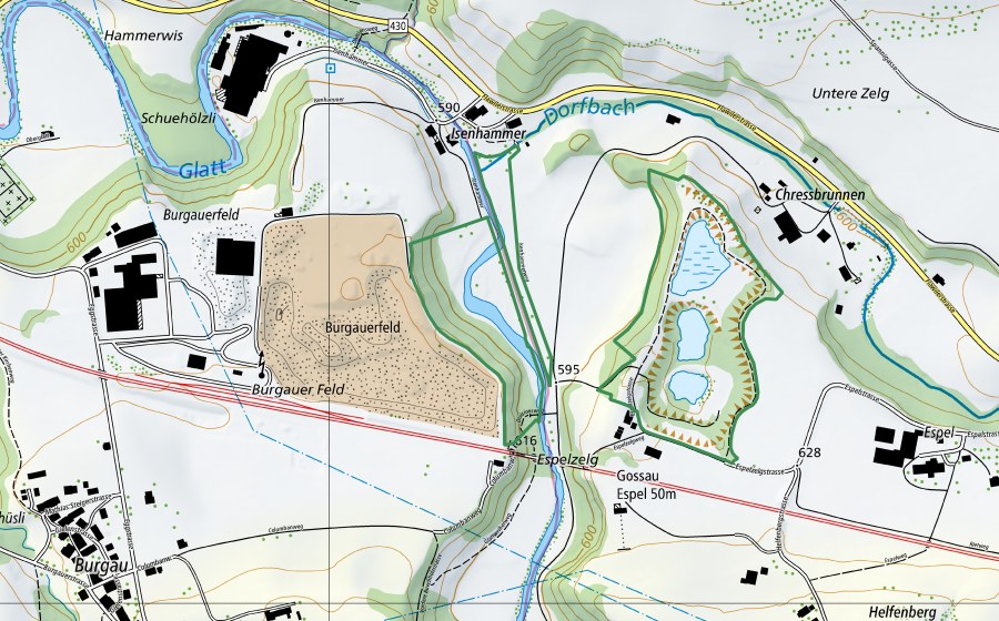 Carte nationale swisstopo avec le périmètre protégé de Isenhammer (Réserve naturelle)