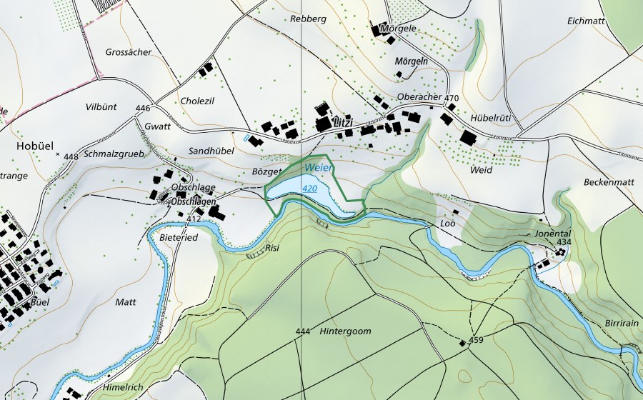 swisstopo national map showing the protected perimeter of Jonerweiher (Nature reserve)