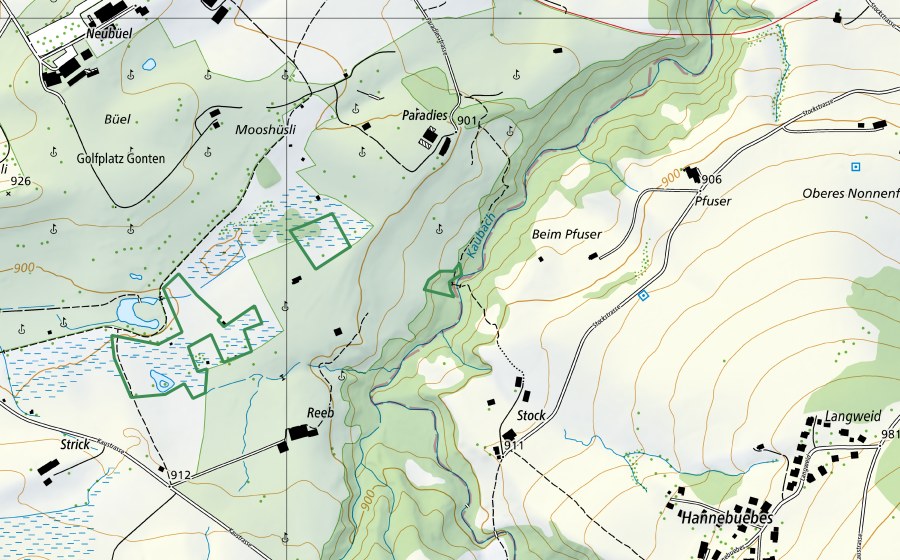 Carte nationale swisstopo avec le périmètre protégé de Kaubachtobel, Gonten (Réserve naturelle)