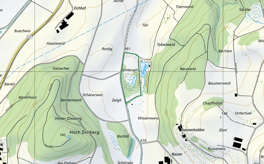 Landeskarte swisstopo mit dem Schutzperimeter von Kiesgrube Hasel (Naturschutzgebiet)