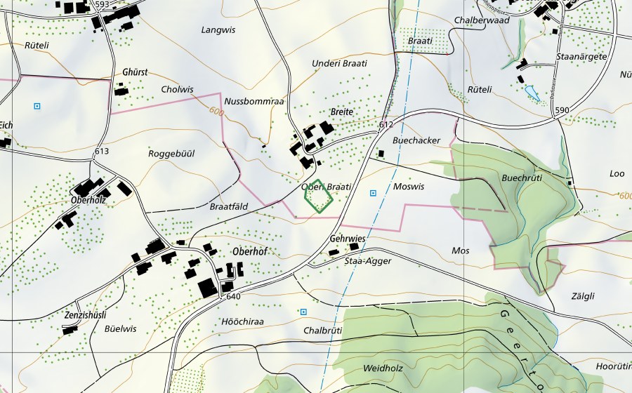 Carte nationale swisstopo avec le périmètre protégé de Kiesgrube Oberfeld (Réserve naturelle)