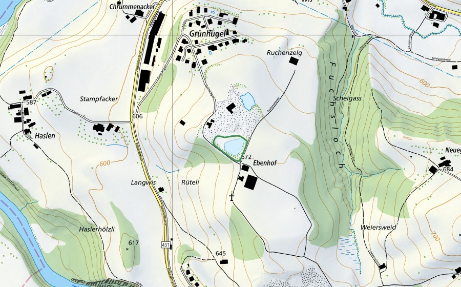 Landeskarte swisstopo mit dem Schutzperimeter von Kieswerk Grünhügel (Naturschutzgebiet)