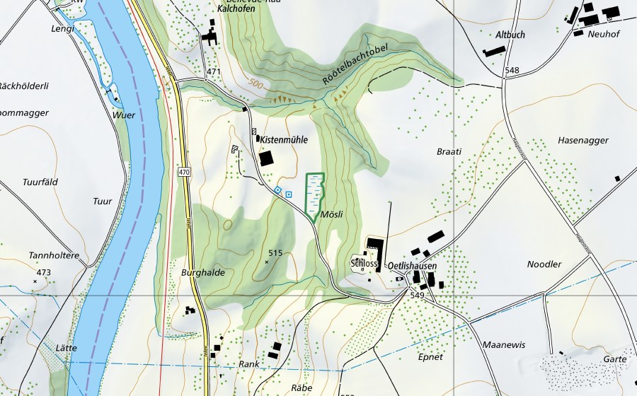 Carte nationale swisstopo avec le périmètre protégé de Kistenmühle (Réserve naturelle)