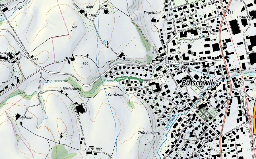 swisstopo national map showing the protected perimeter of Kreuzrain (Nature reserve)