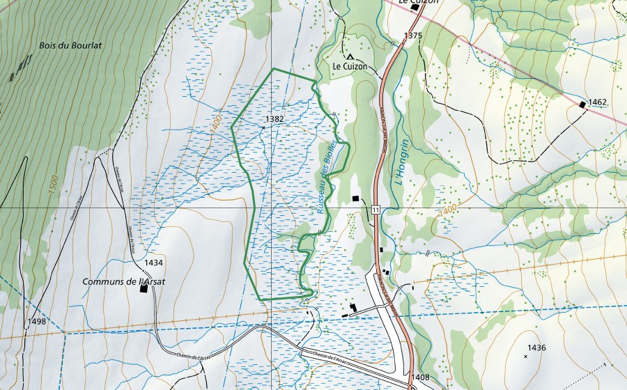 swisstopo national map showing the protected perimeter of L'Arsat (Nature reserve)