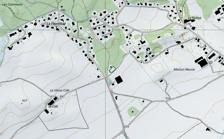 Landeskarte swisstopo mit dem Schutzperimeter von L'Essert (Naturschutzgebiet)