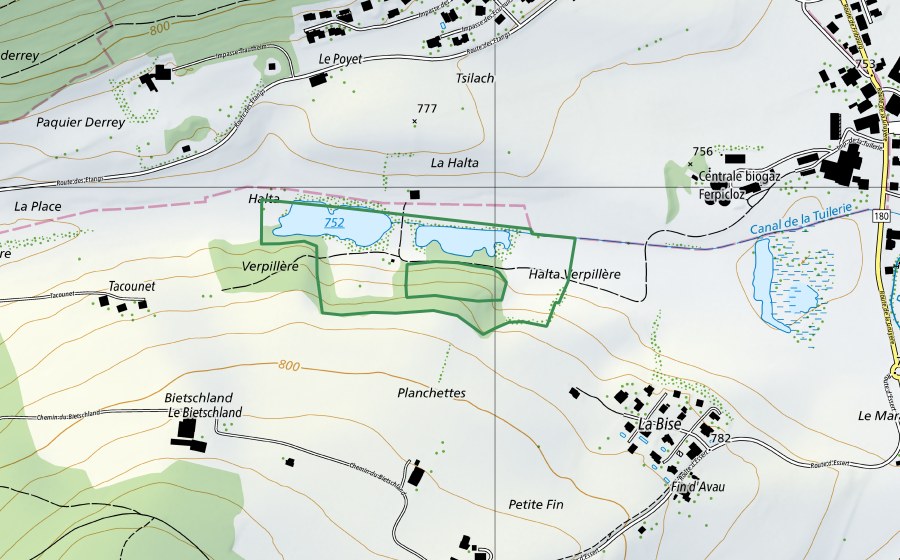 swisstopo national map showing the protected perimeter of La Halta (Nature reserve)
