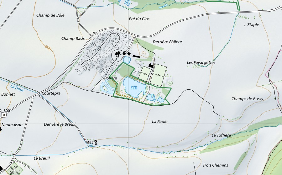 swisstopo national map showing the protected perimeter of La Paulière (Nature reserve)