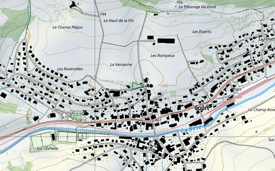 Carte nationale swisstopo avec le périmètre protégé de La Versanne Court (Réserve naturelle)