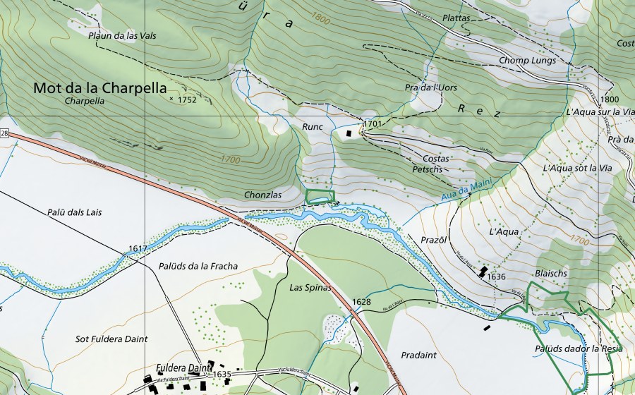 Landeskarte swisstopo mit dem Schutzperimeter von Lajet da Punt Planet (Naturschutzgebiet)