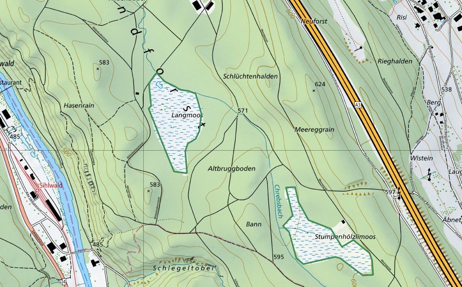 Landeskarte swisstopo mit dem Schutzperimeter von Landforst (Naturschutzgebiet)