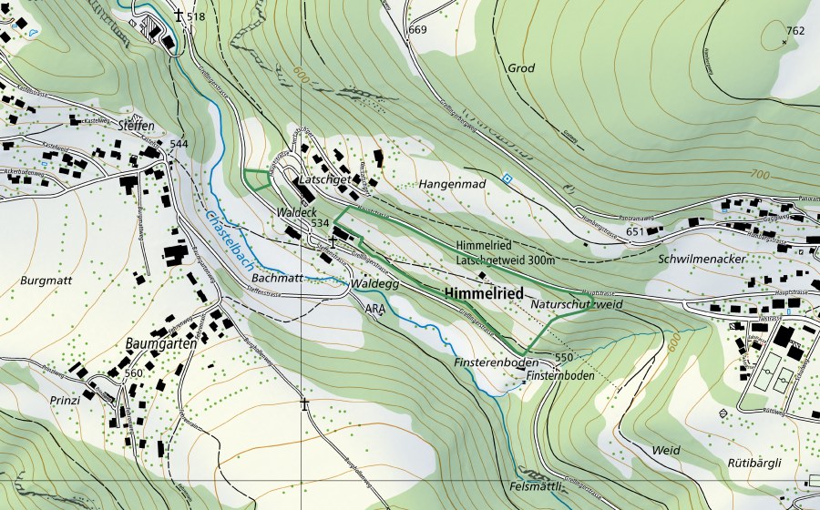 Carte nationale swisstopo avec le périmètre protégé de Latschgetweid (Réserve naturelle)