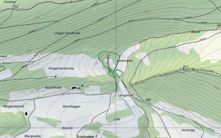 swisstopo national map showing the protected perimeter of Lätteloch (Nature reserve)