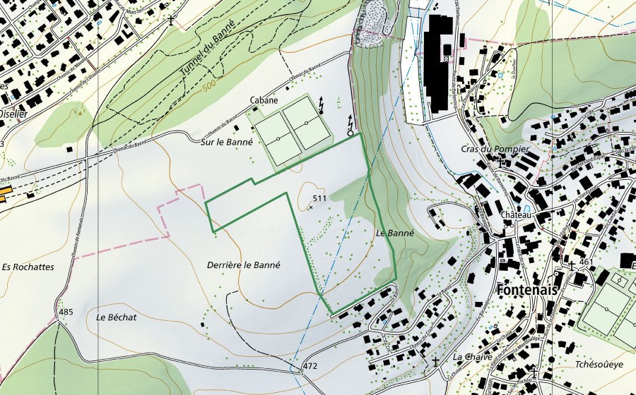 swisstopo national map showing the protected perimeter of Le Banné (Nature reserve)