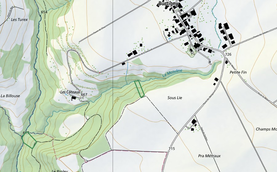 Landeskarte swisstopo mit dem Schutzperimeter von Le Bioley (Naturschutzgebiet)