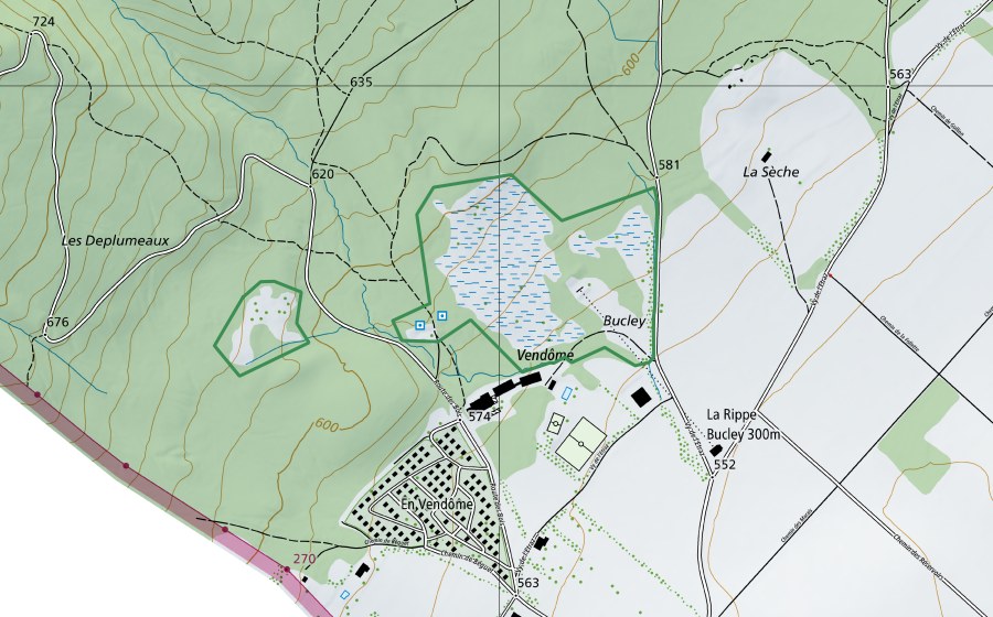 Carte nationale swisstopo avec le périmètre protégé de Le Bucley (Réserve naturelle)